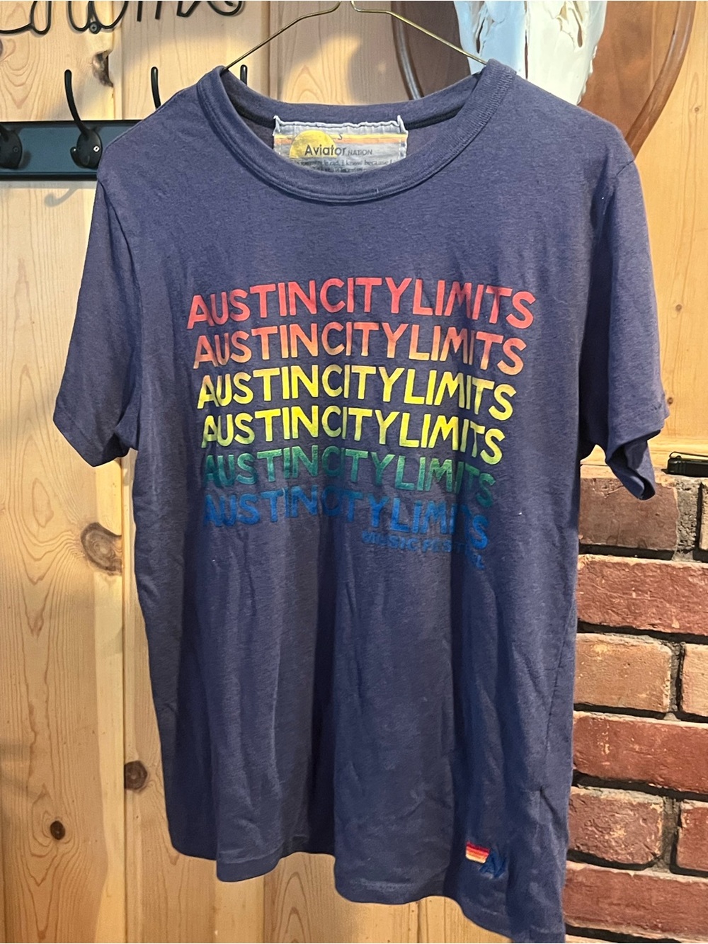 Aviator Nation Navy Tee with Rainbow 'AustinCityLimits' Graphic, Size Small